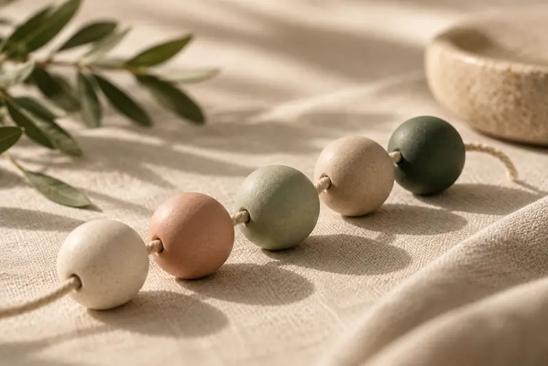 Five smooth ceramic beads threaded on a cord, resting on linen.
